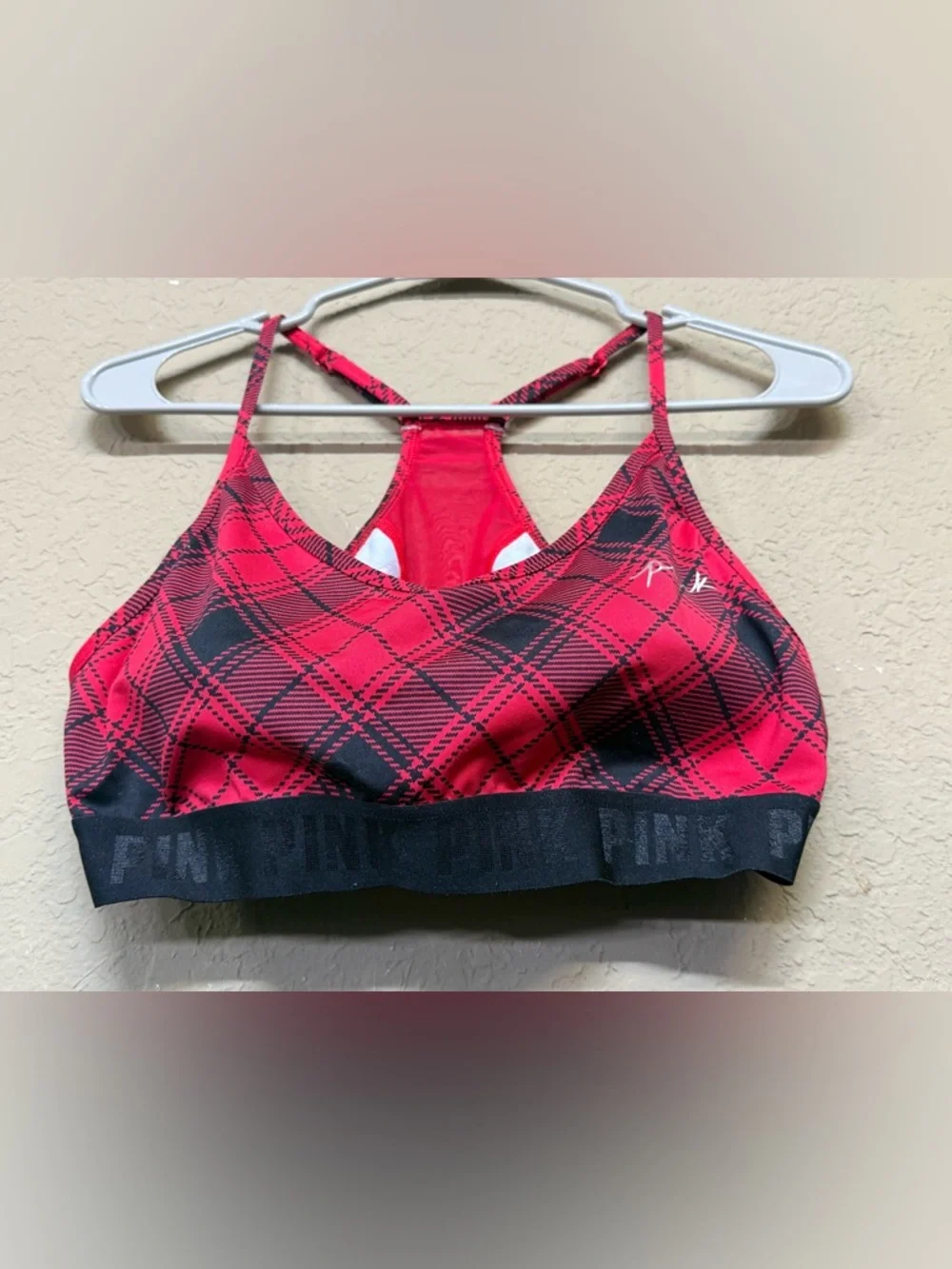 New PINK Victoria's Secret Red Plaid Strappy Sports Bra